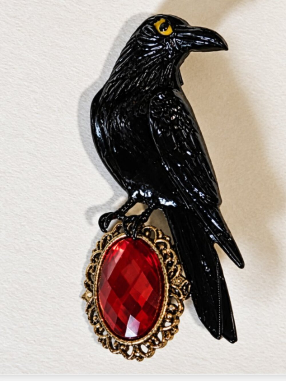 Gothic Style Black Raven Brooch with Red Faceted Faux Gemstone Accent